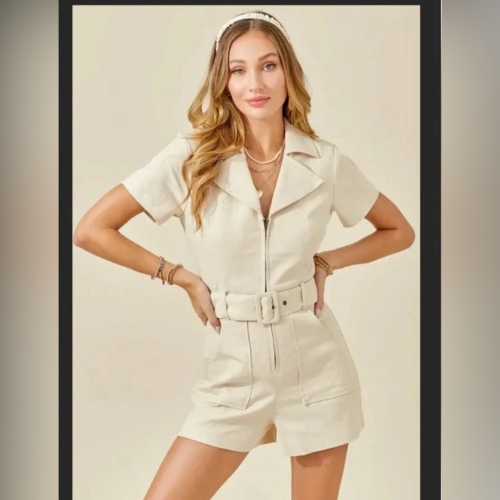 Tan/ cream denim romper with belt